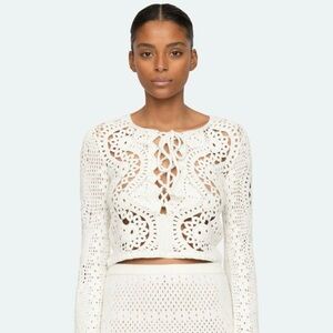 Sea New York “Carter” crochet lace up top in ivory wool. NWT